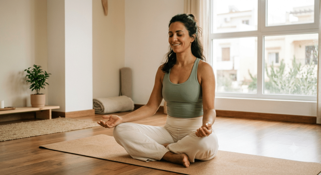 Woman practicing somatic yoga seated on cork mat in a bright home studio — somatic yoga vs yoga