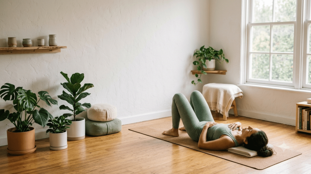 Woman practicing somatic yoga in constructive rest pose to experience nervous system benefits