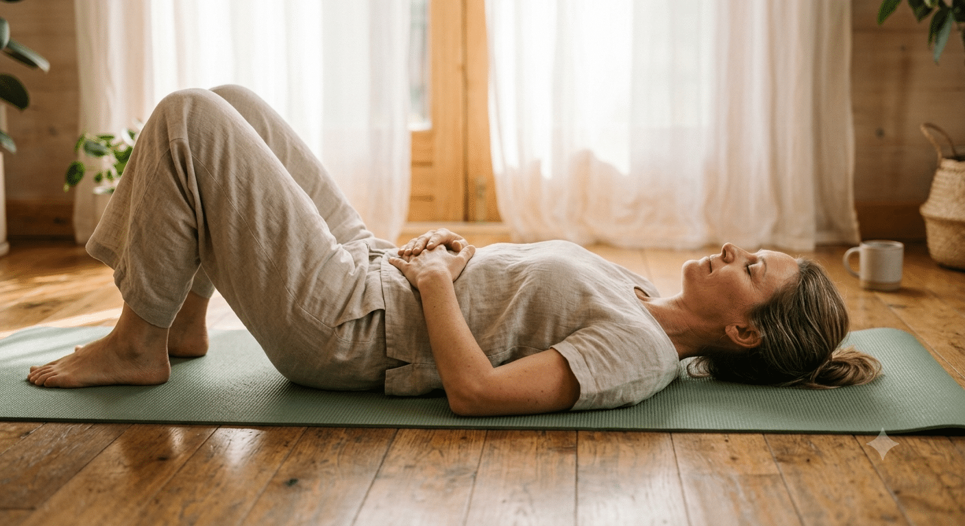 Woman practicing somatic yoga lying on mat with eyes closed — what is somatic yoga