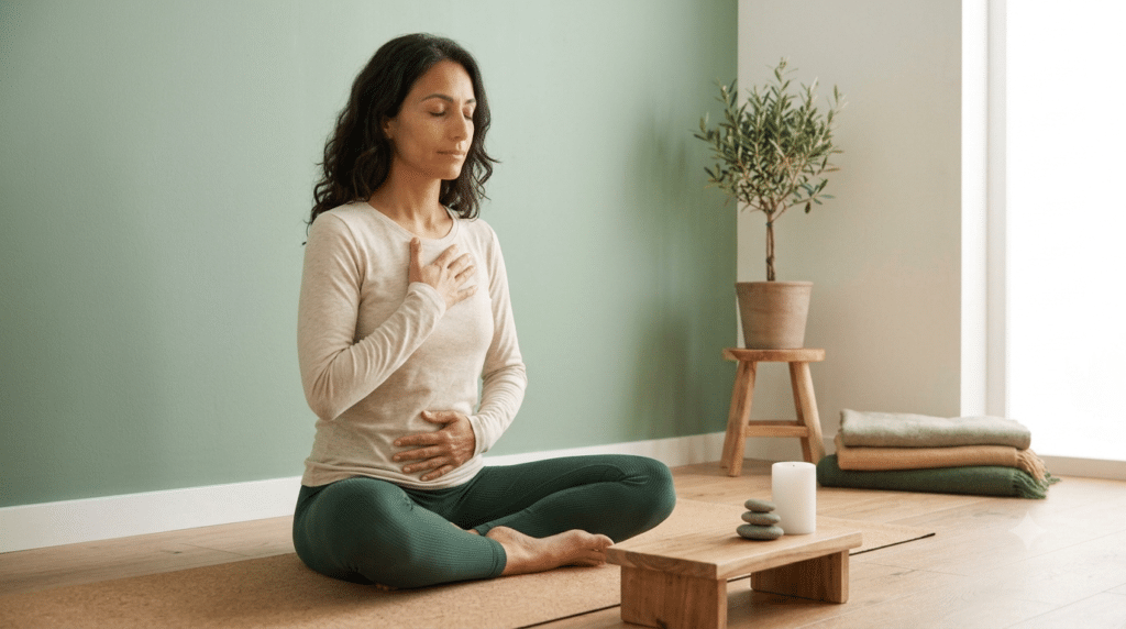 Woman practicing fight or flight yoga breathwork to calm her nervous system