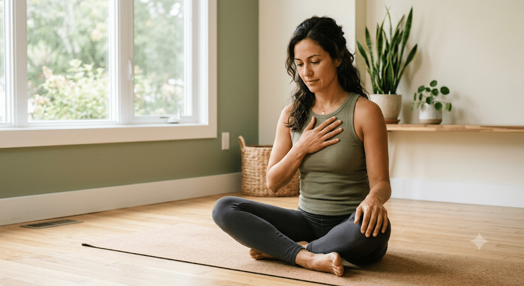 Woman pausing during somatic yoga nervous system reset with hand over heart