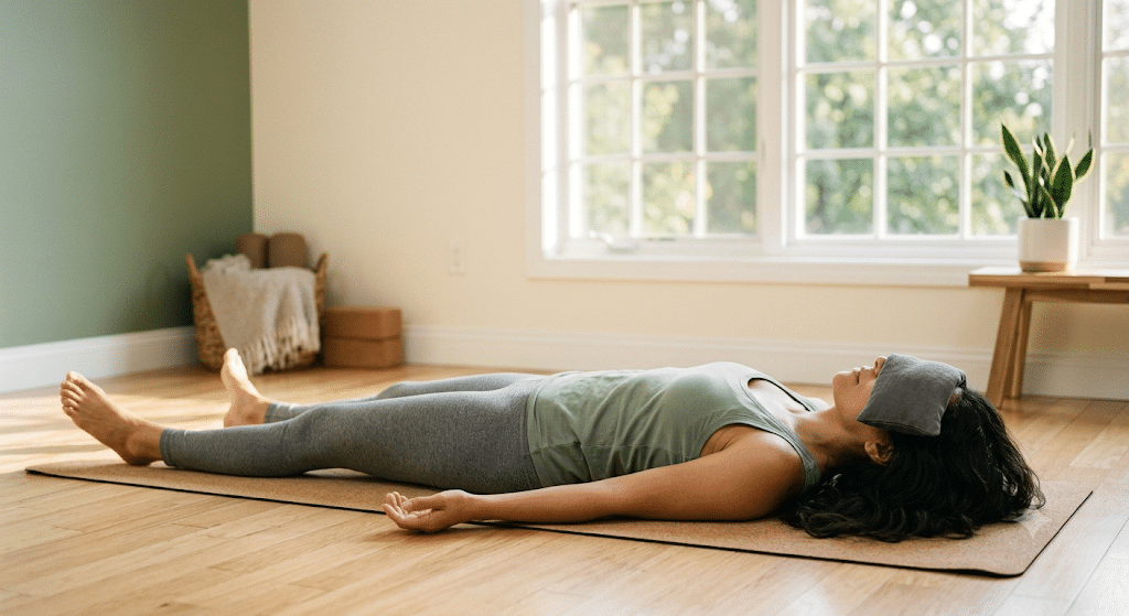 Woman resting peacefully with eye pillow after somatic yoga nervous system reset practice
