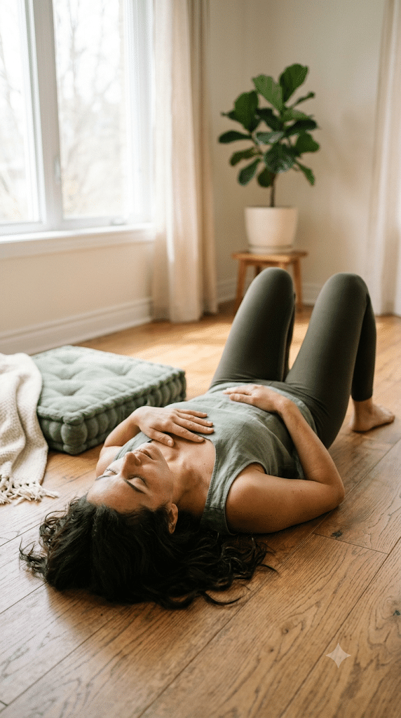 Woman practicing diaphragmatic breathing to activate the vagus nerve