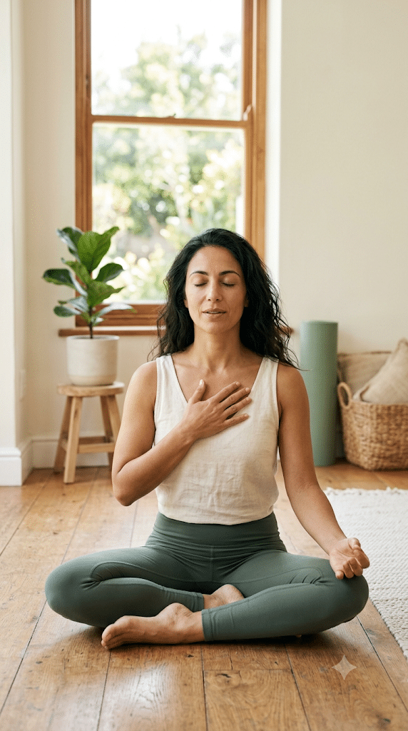 Woman practicing humming bee breath for nervous system regulation