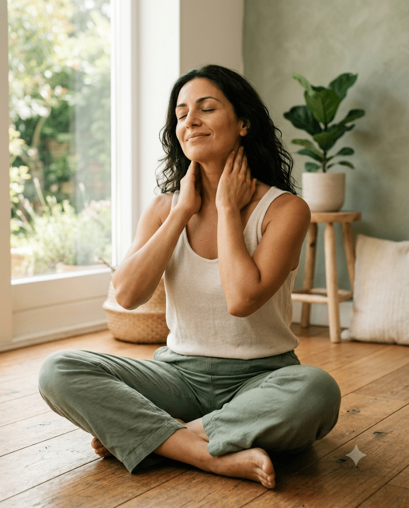 Woman massaging her neck along the vagal pathway for relaxation