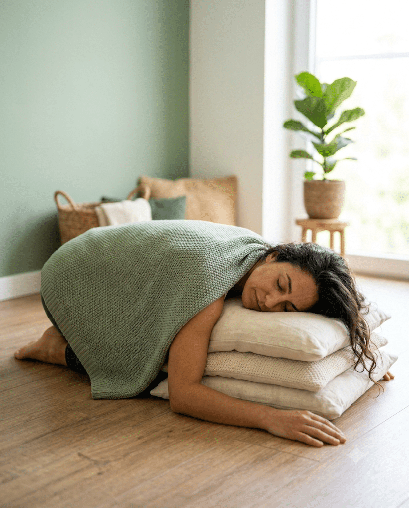 Woman resting in supported child's pose for grounding