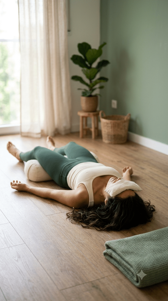 Woman practicing yoga nidra body scan with an eye pillow