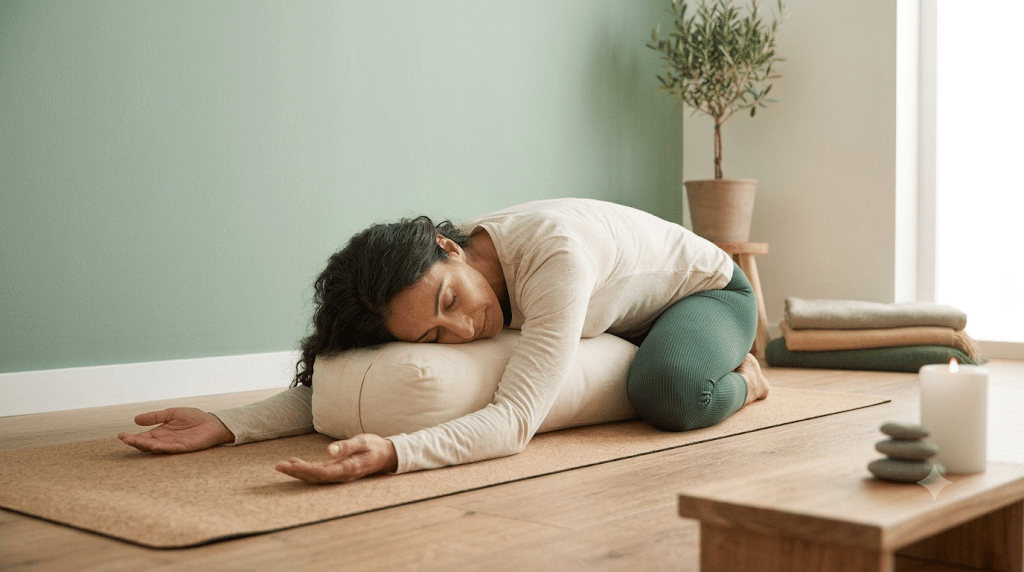 Woman in supported child's pose practicing fight or flight yoga for stress relief
