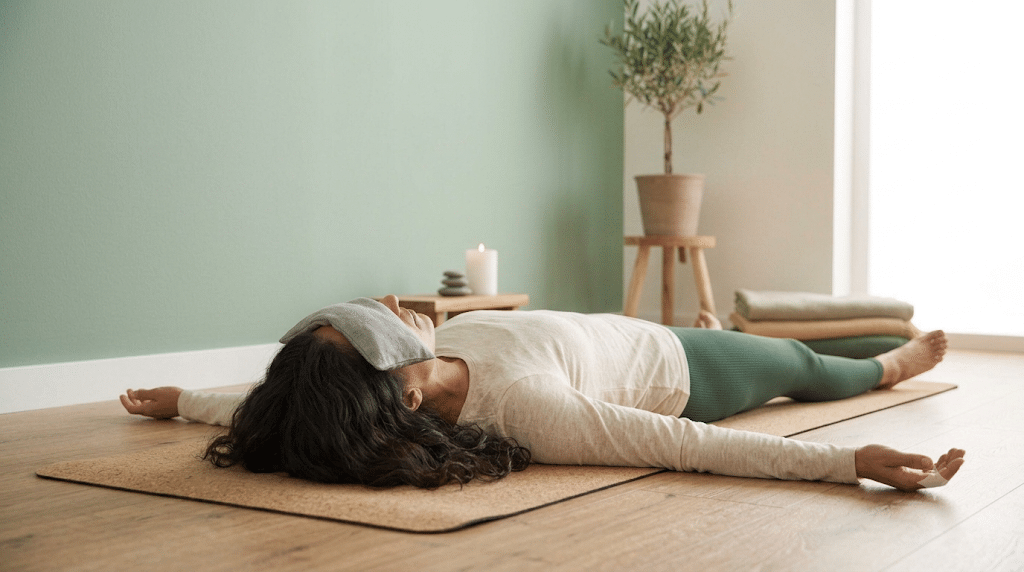 Woman resting with an eye pillow after a fight or flight yoga practice
