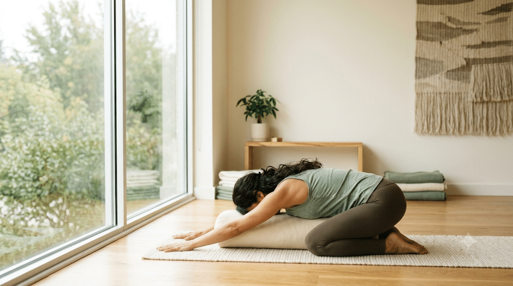 Woman practicing pandiculation stretch in supported child's pose
