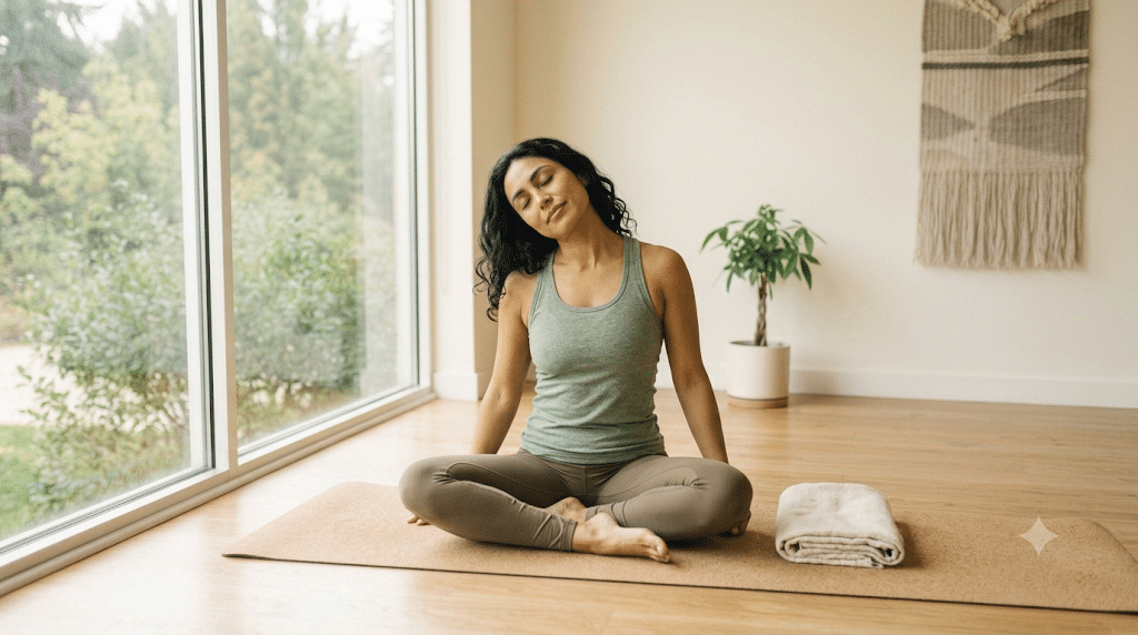 Woman practicing shoulder rolls and neck release for tension relief