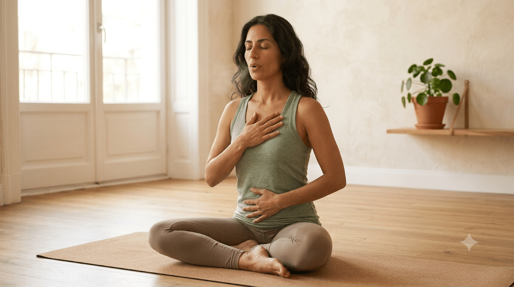 Woman practicing extended exhale breathing to activate the vagus nerve
