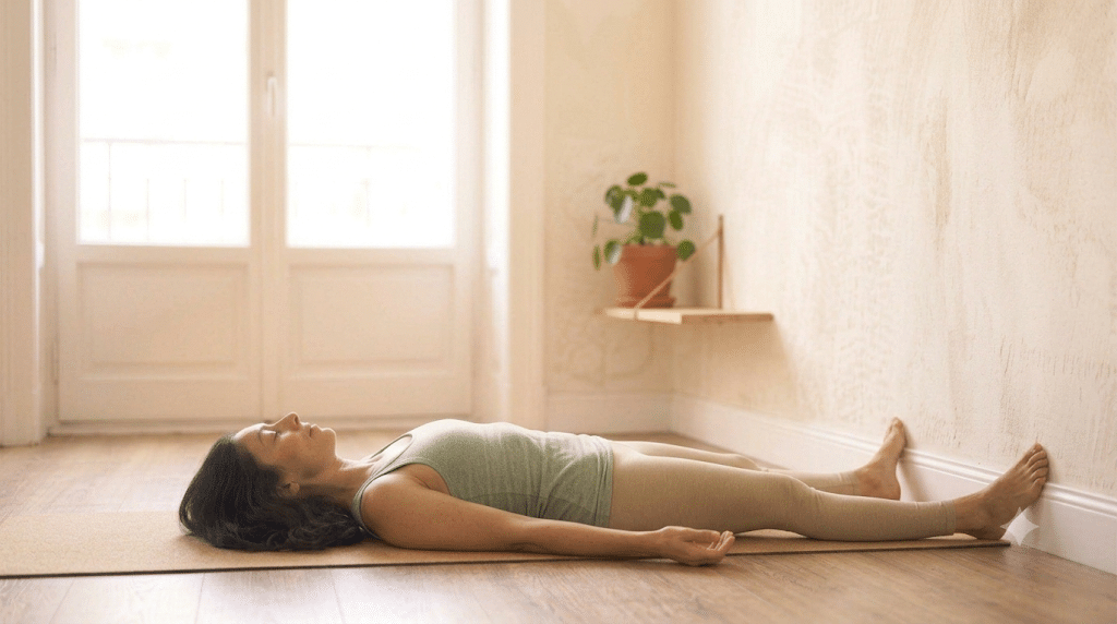 Woman lying still during a body scan meditation practice